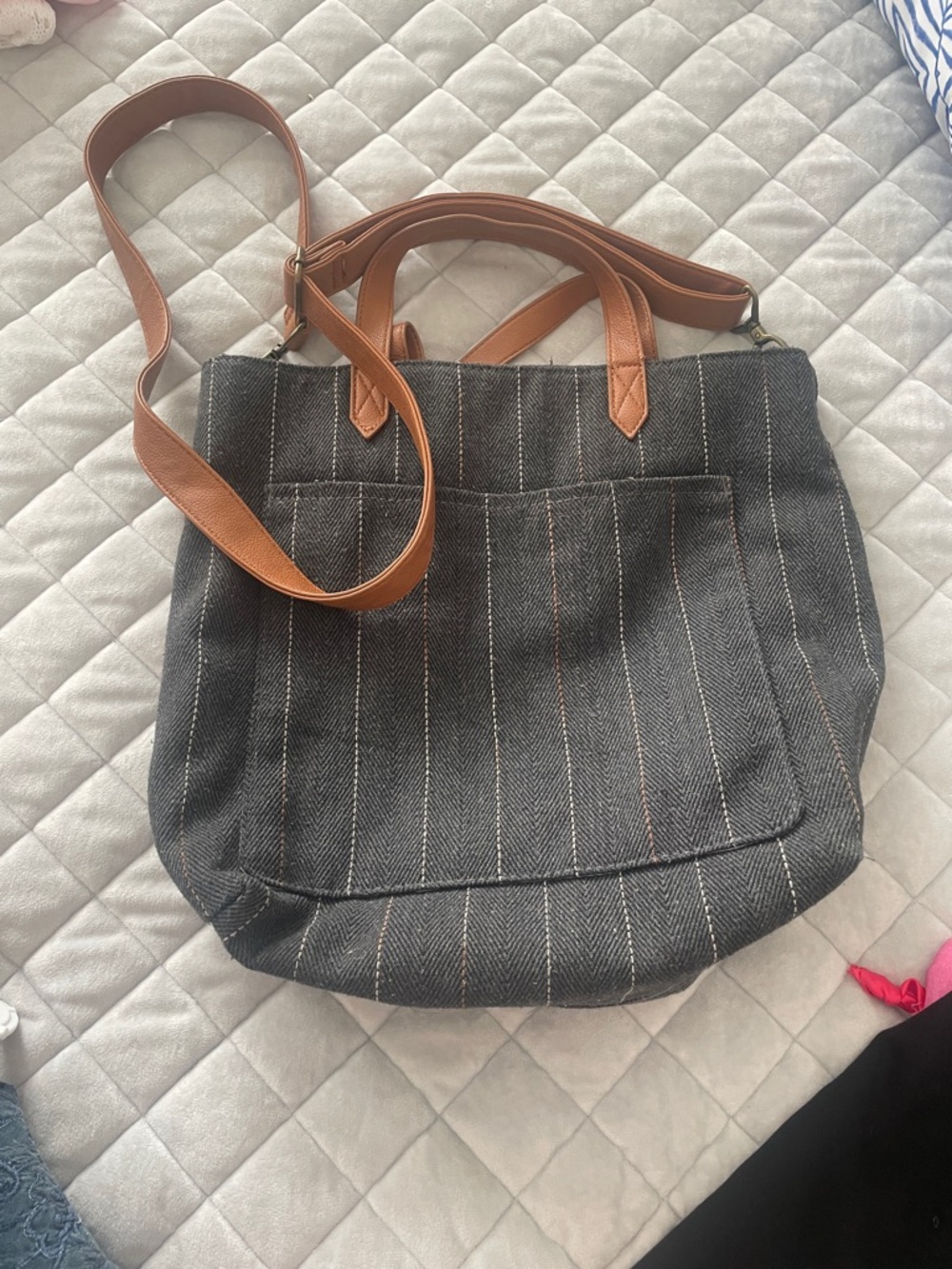 thirty-one Gray Pinstripe Tote with Brown Straps